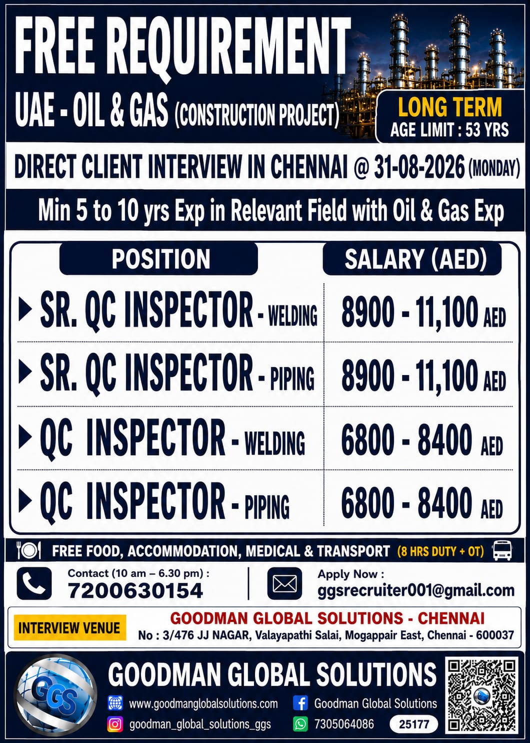 FREE REQUIREMENT – UAE – OIL & GAS – LONG TERM (CONSTRUCTION PROJECT ) DIRECT CLIENT INTERVIEW IN CHENNAI @31-08-2026( MONDAY )