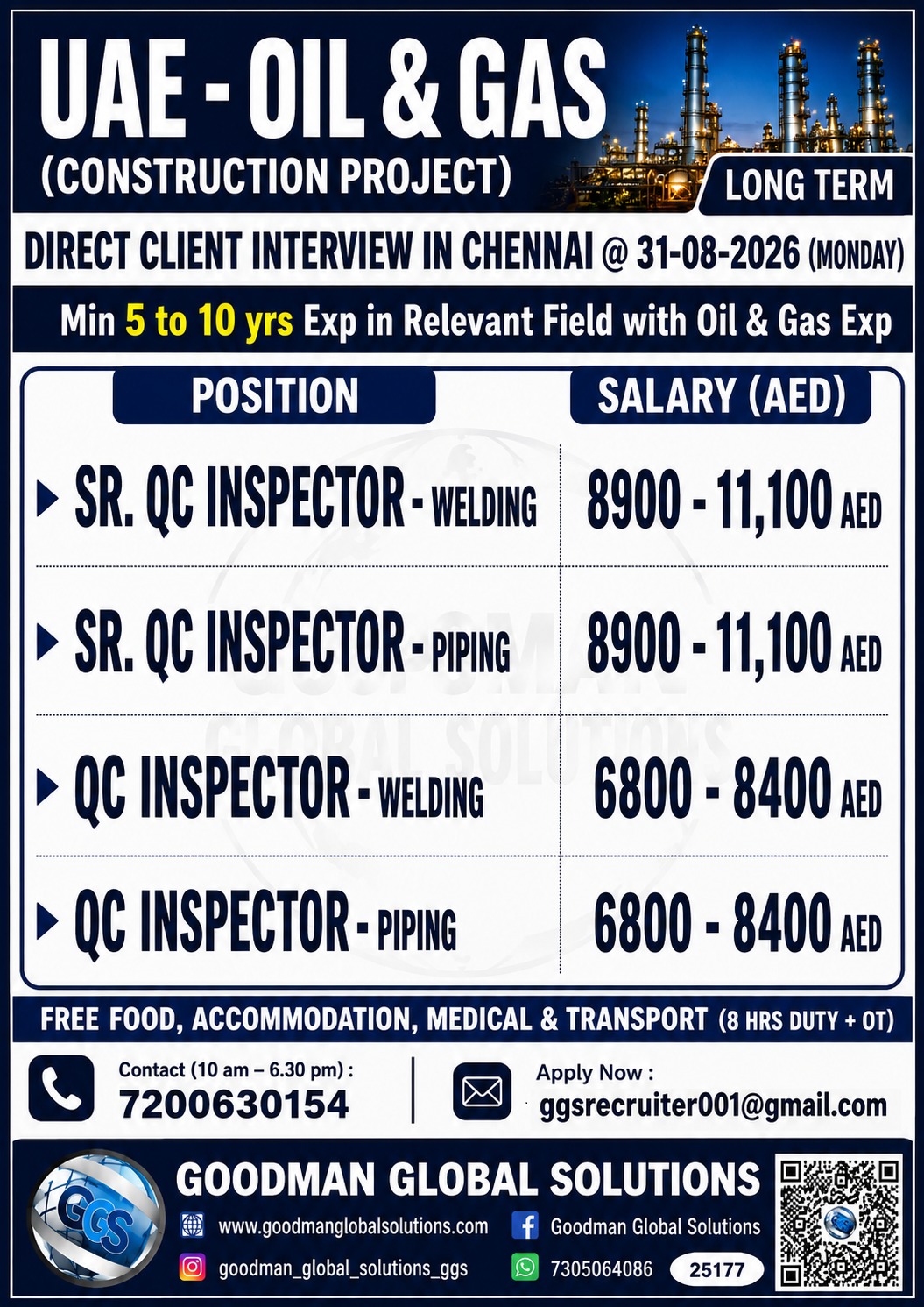 UAE – OIL & GAS – LONG TERM (CONSTRUCTION PROJECT ) DIRECT CLIENT INTERVIEW IN CHENNAI @31-08-2026( MONDAY )