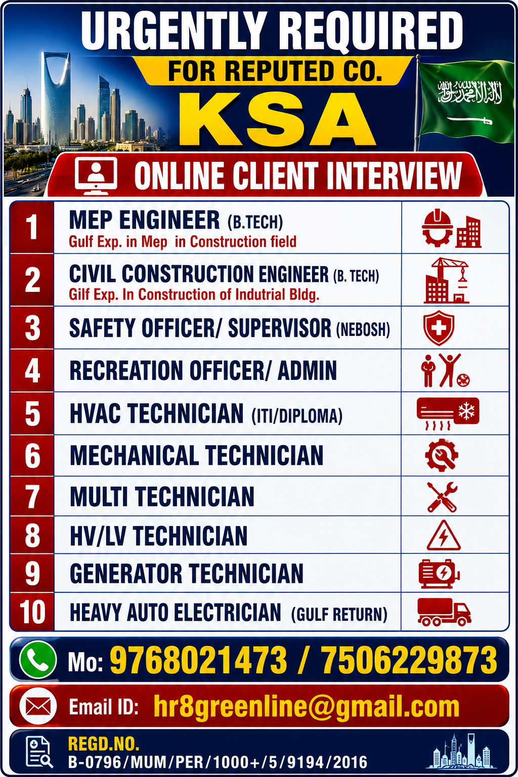 URGENTLY REQUIRED FOR REPUTED CO. KSA