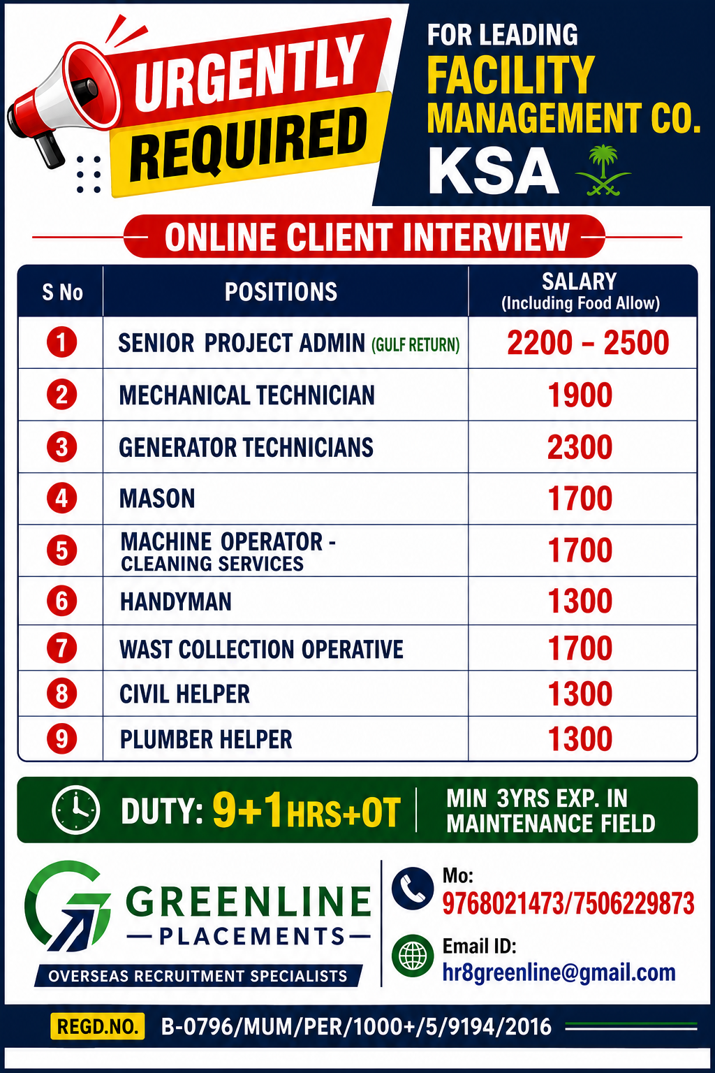 URGENTLY REQUIRED FOR LEADING FACILITY MANAGEMENT CO. KSA