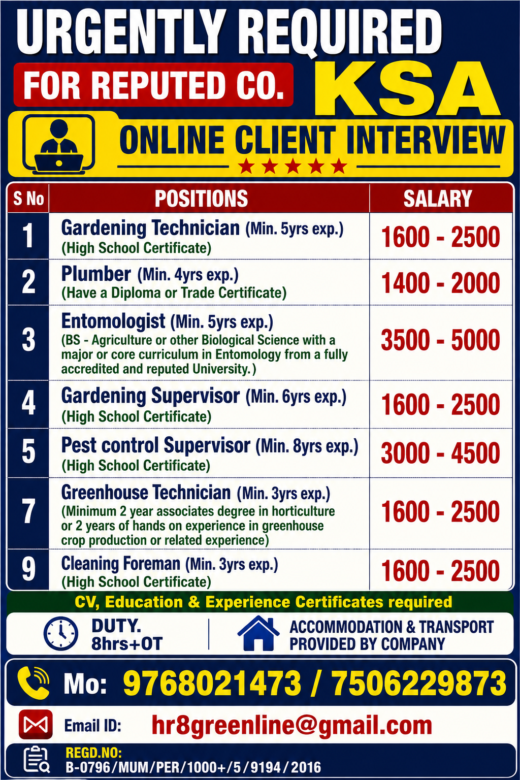 URGENTLY REQUIRED FOR REPUTED CO. KSA
