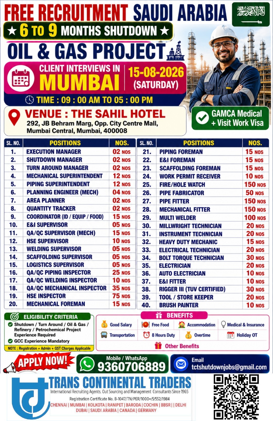 FREE RECRUITMENT | 6 TO 9 MONTHS SHUTDOWN PROJECT SAUDI ARABIA CLIENT INTERVIEWS IN MUMBAI 15-08-2026 THE SAHIL HOTEL CALL FOR MORE DETAILS 9791553048