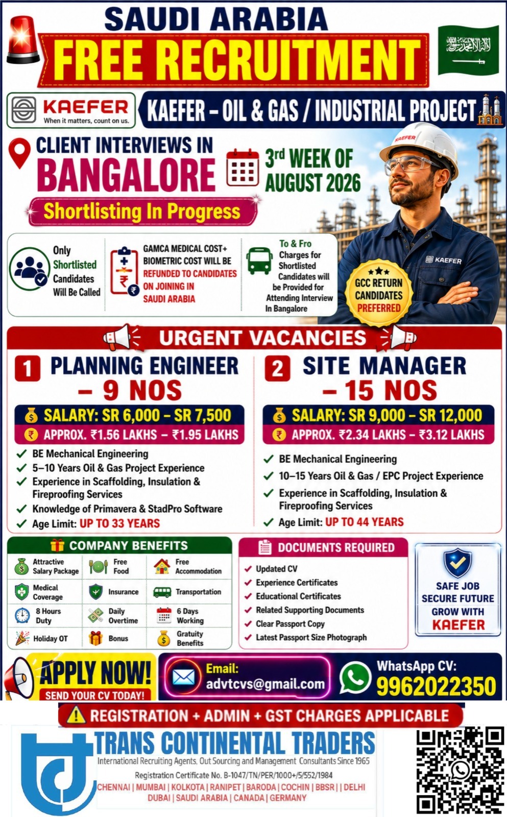 FREE RECRUITMENT KAEFER OIL AND GAS PROJECT CLIENT INTERVIEWS IN BANGALORE THIS AUGUST 2026 | SHORTLIST IN PROGRESS CALL FOR MORE DETAILS 9791553048