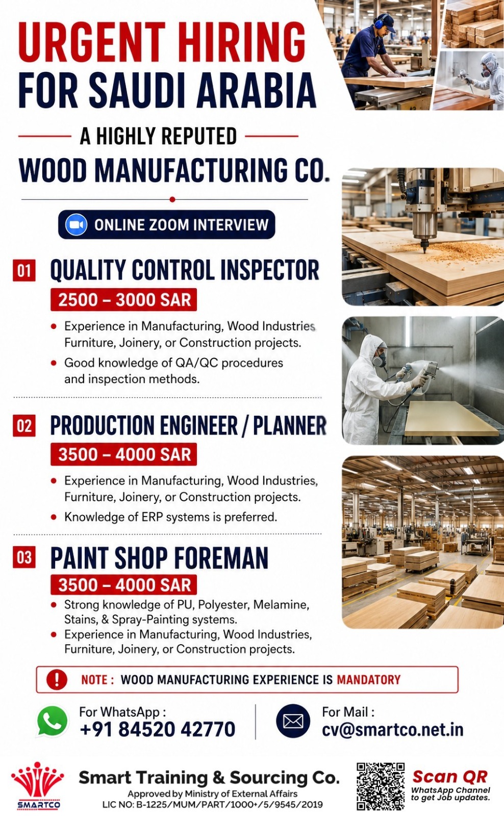 URGENT HIRING FOR SAUDI ARABIA A Highly Reputed Wood Manufacturing Co.