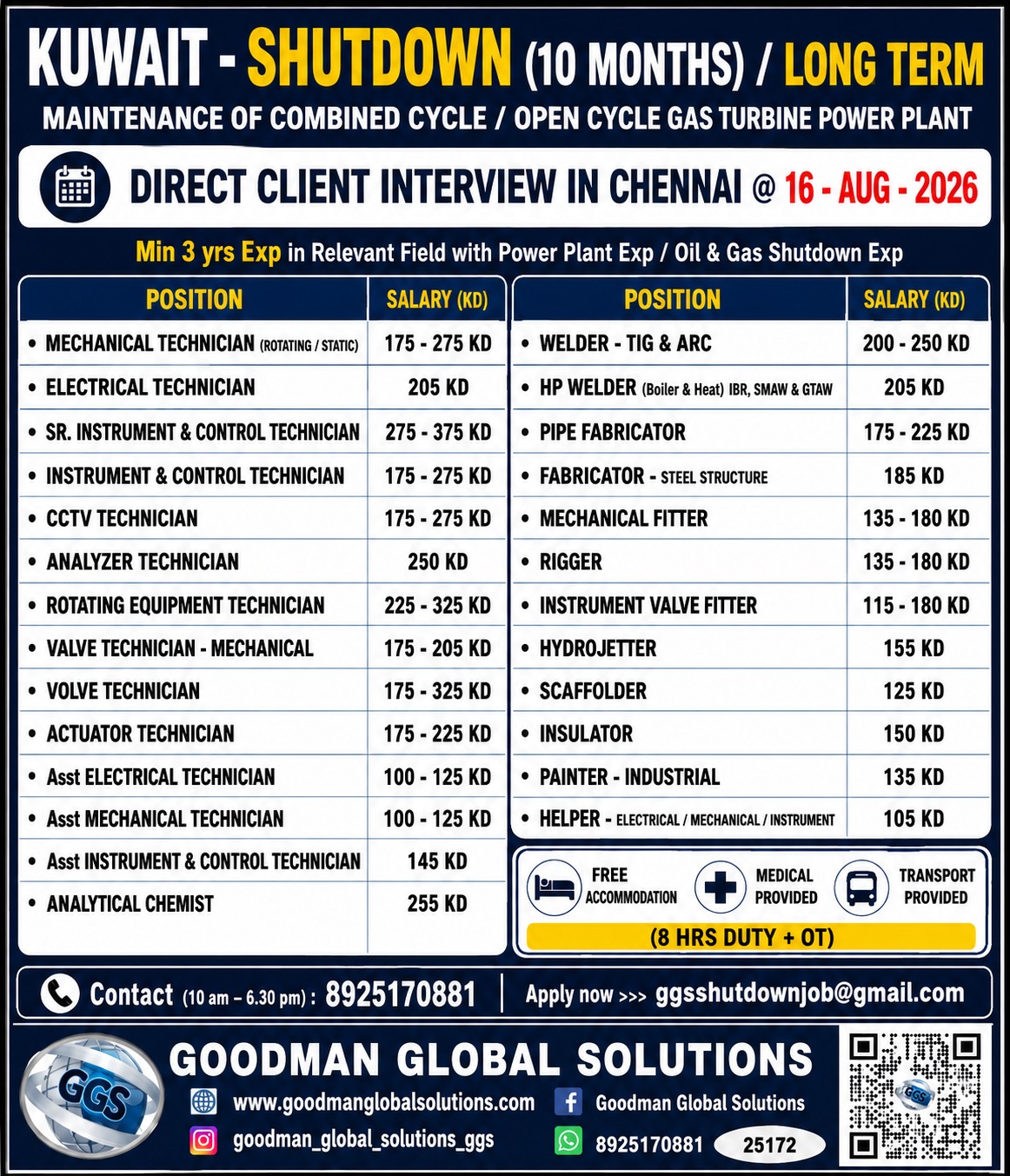 URGENT REQUIREMENT-KUWAIT -SHUTDOWN DIRECT CLIENT INTERVIEW IN CHENNAI @ 16-08-2026