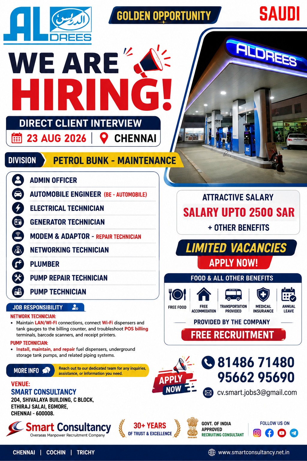 🚨 ALDREES SAUDI ARABIA – WE ARE HIRING! 🚨  📅 Direct Interview: 23 Aug 2026 | 📍 Chennai