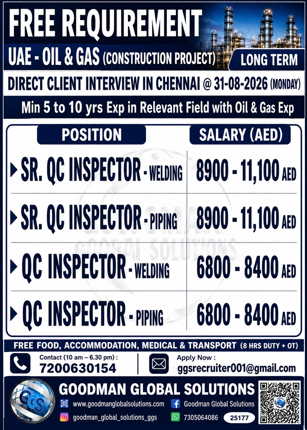 FREE REQUIREMENT – UAE – OIL & GAS – LONG TERM (CONSTRUCTION PROJECT )  DIRECT CLIENT INTERVIEW IN CHENNAI @31-08-2026( MONDAY )