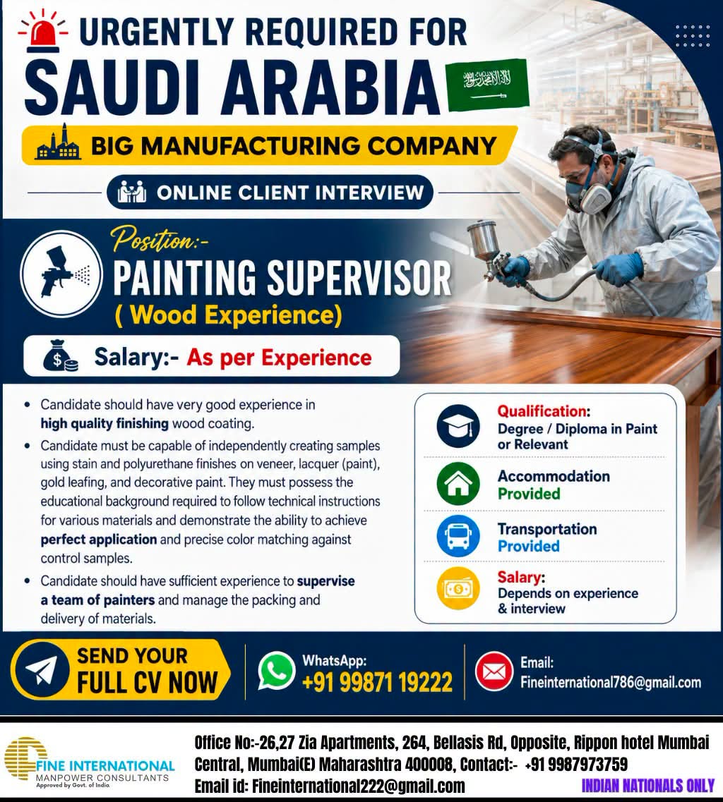 URGENT HIRING – SAUDI ARABIA Painting Supervisor (Wood Finishing Experience)