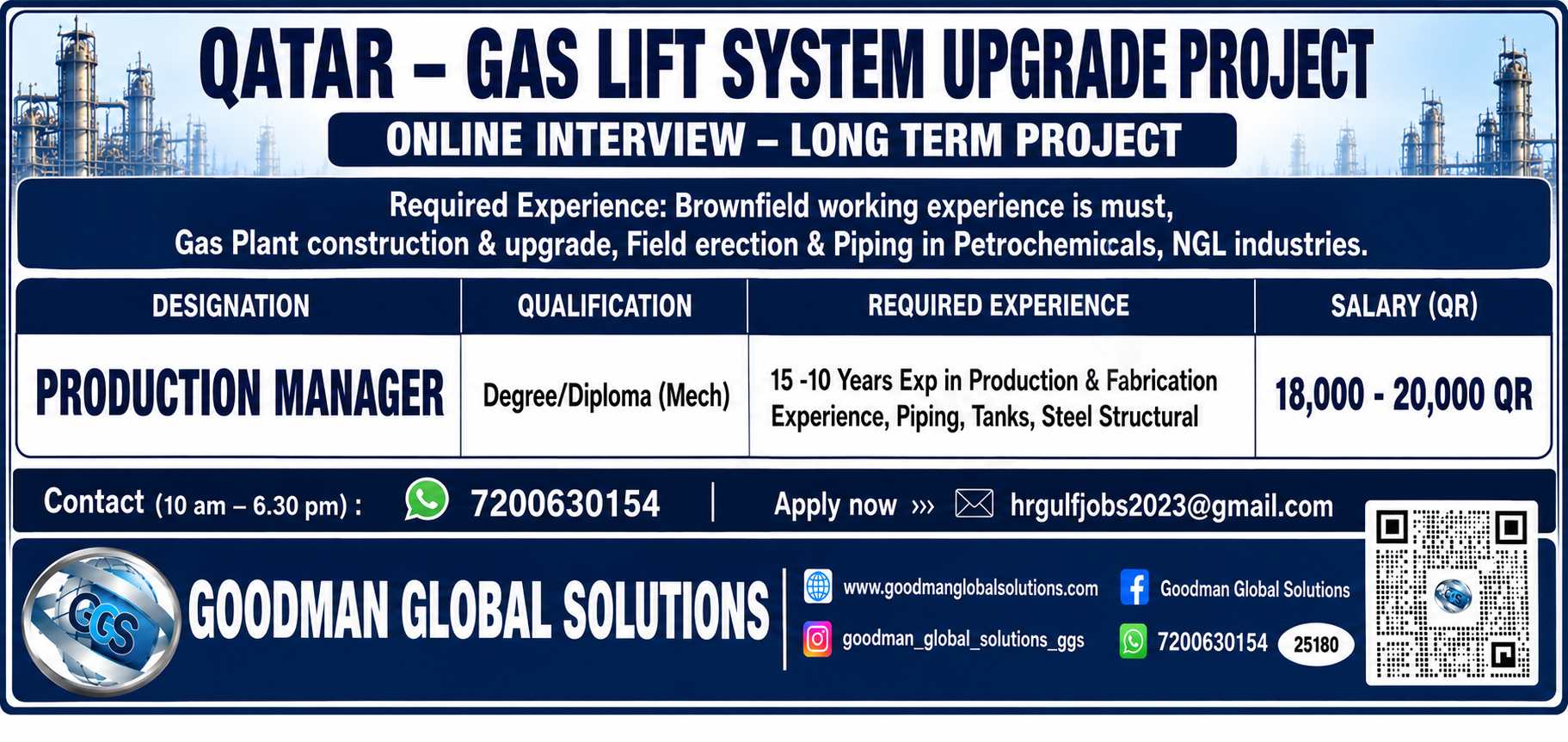 QATAR – GAS LIFT SYSTEM – UPGRADE PROJECT ONLINE INTERVIEW – LONG TERM PROJECT
