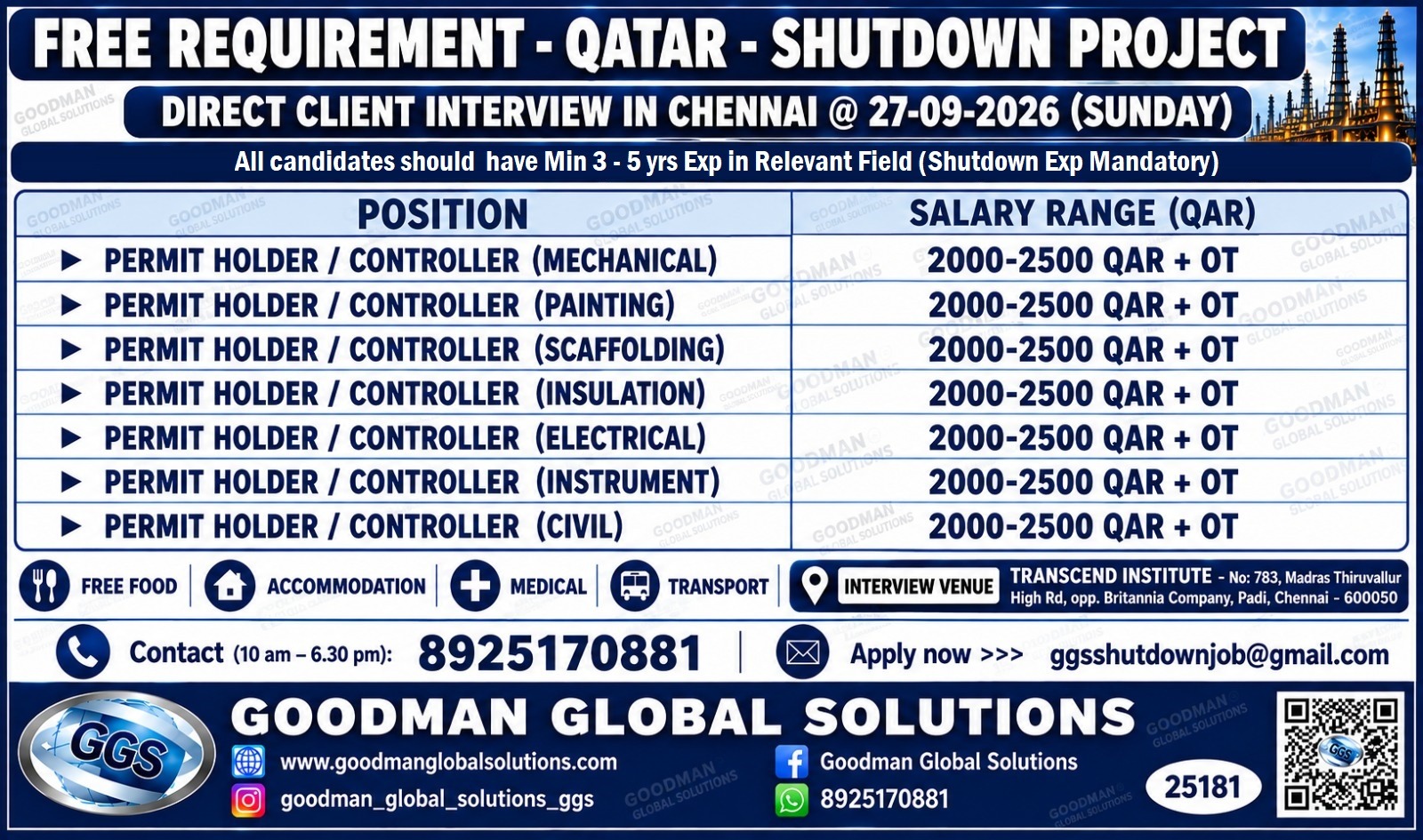 FREE RECRUITMENT – QATAR – SHUTDOWN PROJECT DIRECT CLIENT INTERVIEW IN -CHENNAI @27-09-2023(SUNDAY)