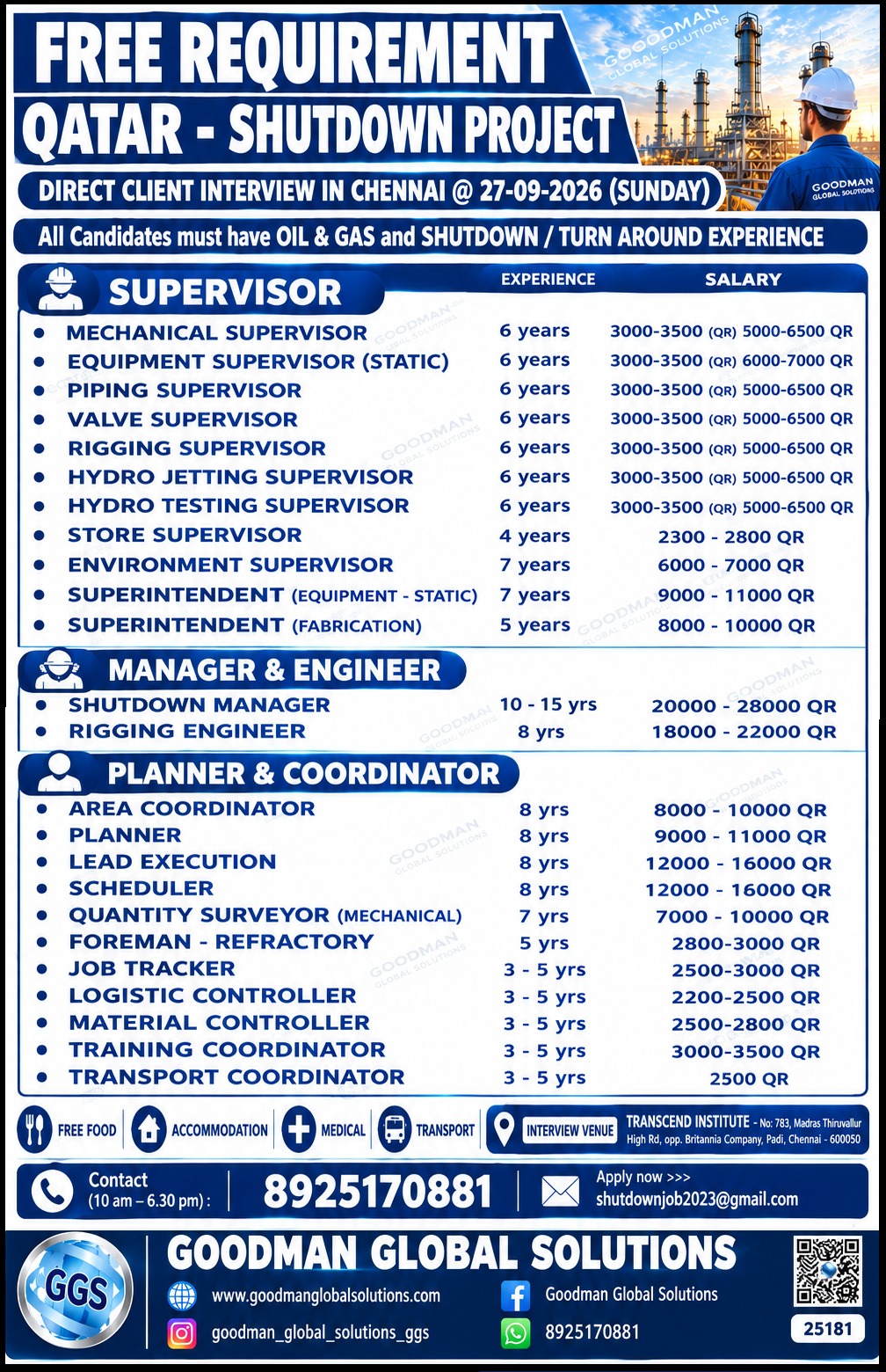 FREE RECRUITMENT – QATAR – SHUTDOWN PROJECT DIRECT CLIENT INTERVIEW IN -CHENNAI @27-09-2026 (SUNDAY)