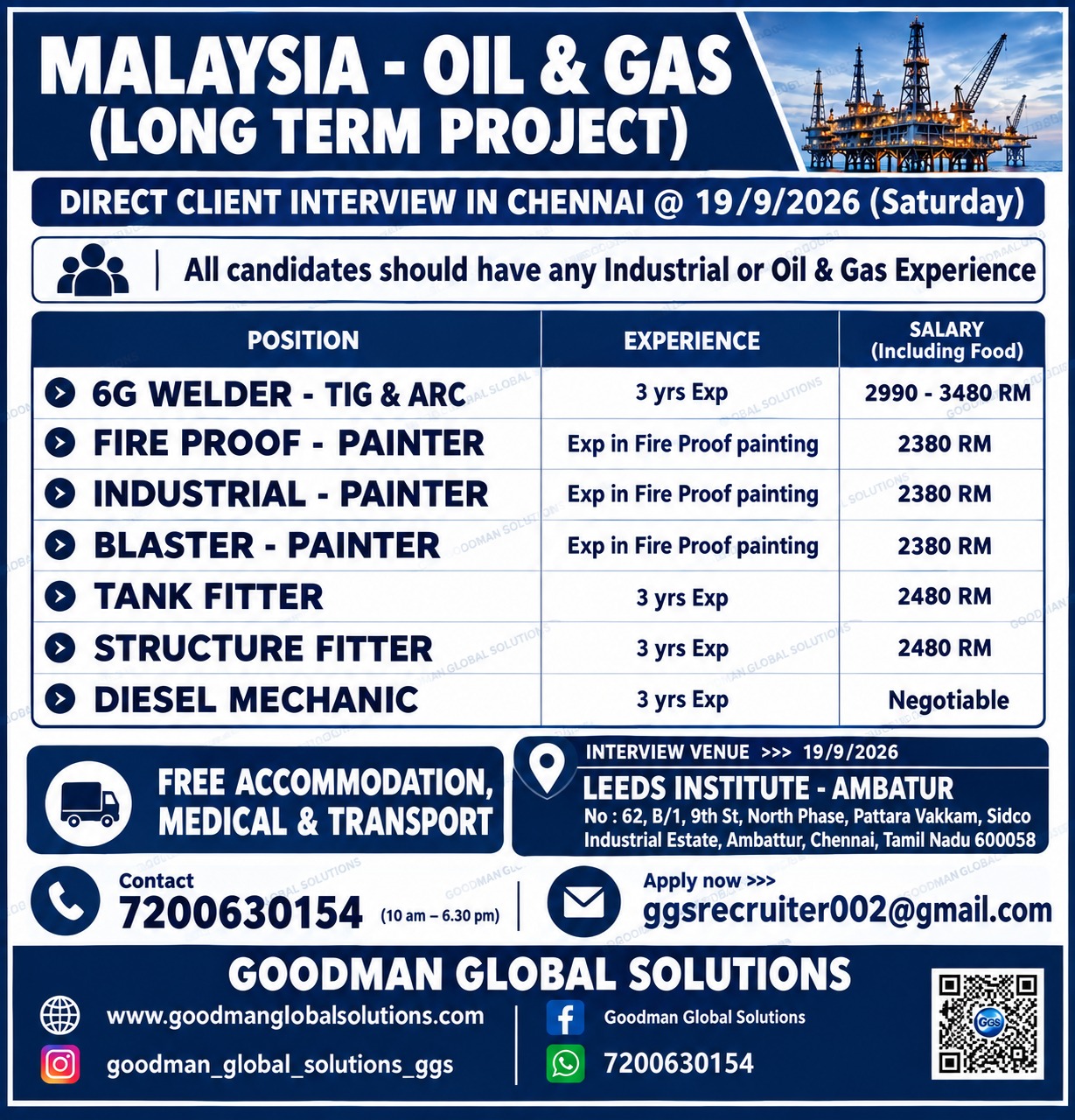 MALAYSIA – OIL & GAS (LONG TERM PROJECT) DIRECT CLIENT INTERVIEW IN CHENNAI @ 17/9/2026 , 18/9/2026 & 19/9/2026
