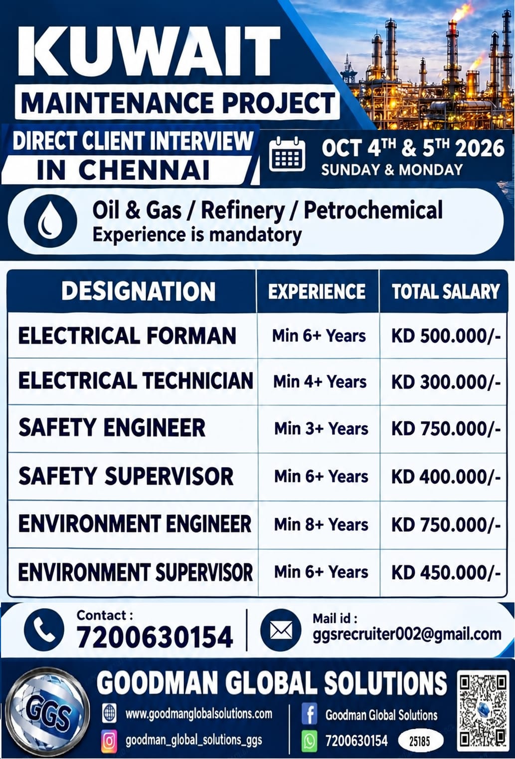 KUWAIT – MAINTENANCE PROJECT DIRECT CLIENT INTERVIEW IN CHENNAI @ 04-10-2026 & 05-10-2026