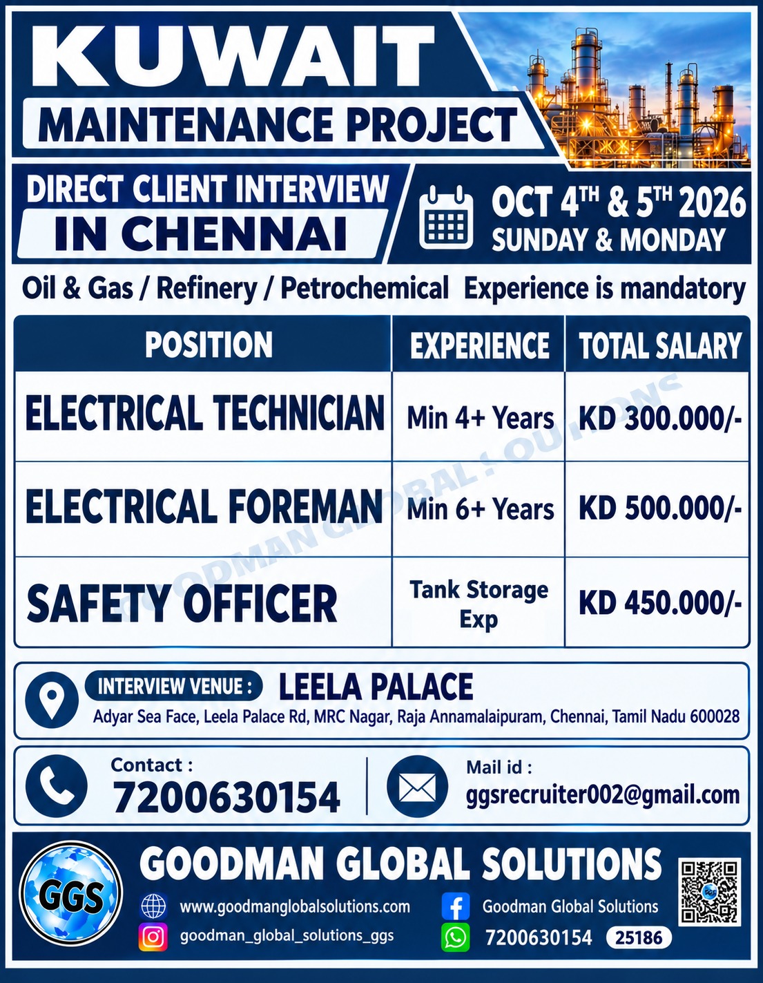 KUWAIT – MAINTENANCE PROJECT DIRECT CLIENT INTERVIEW IN CHENNAI @ 04-10-2026 & 05-10-2026