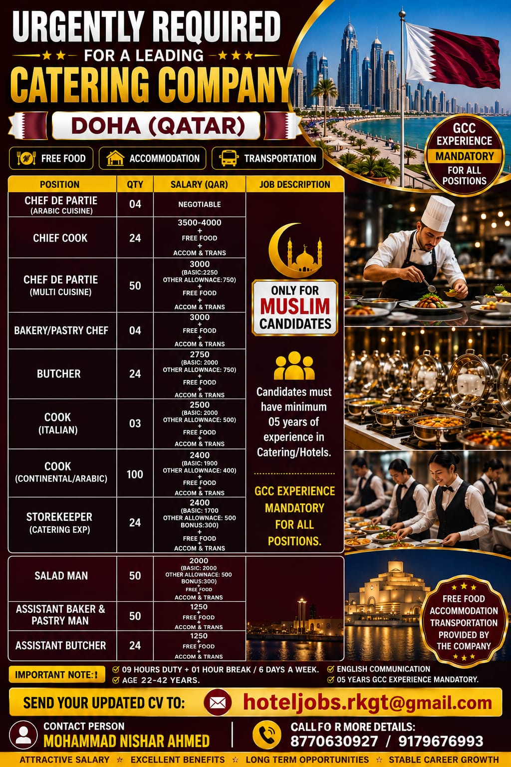 HIRING FOR A LEADING CATERING COMPANY – DOHA – QATAR