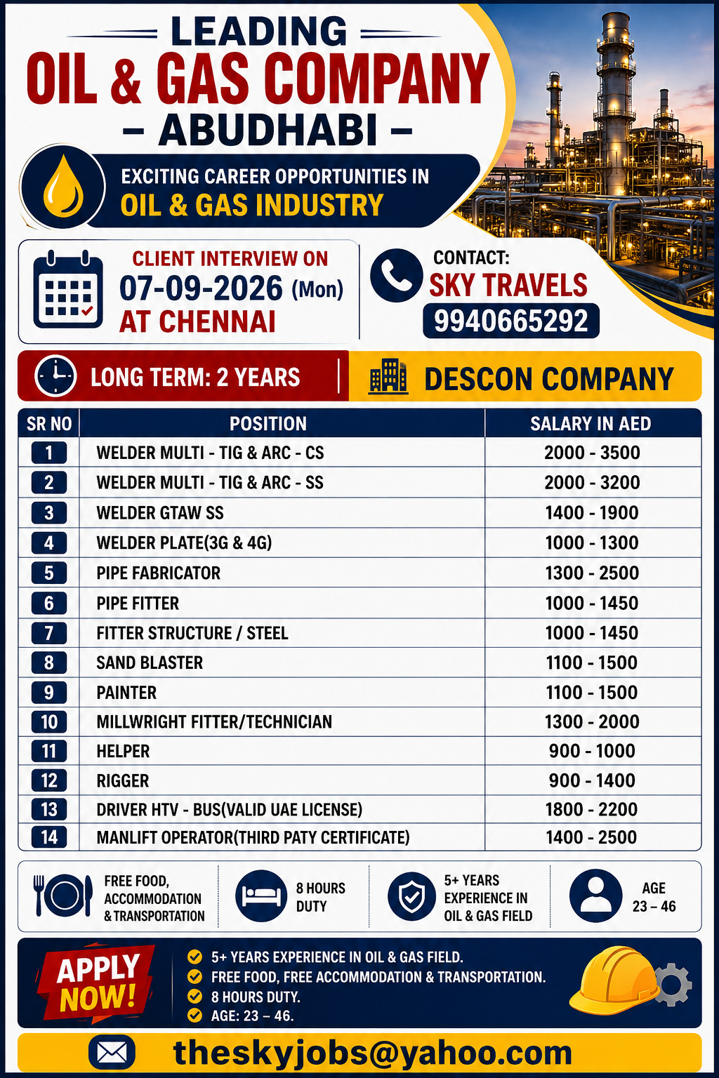 Urgently Required For Leading Company – Abudhabi.