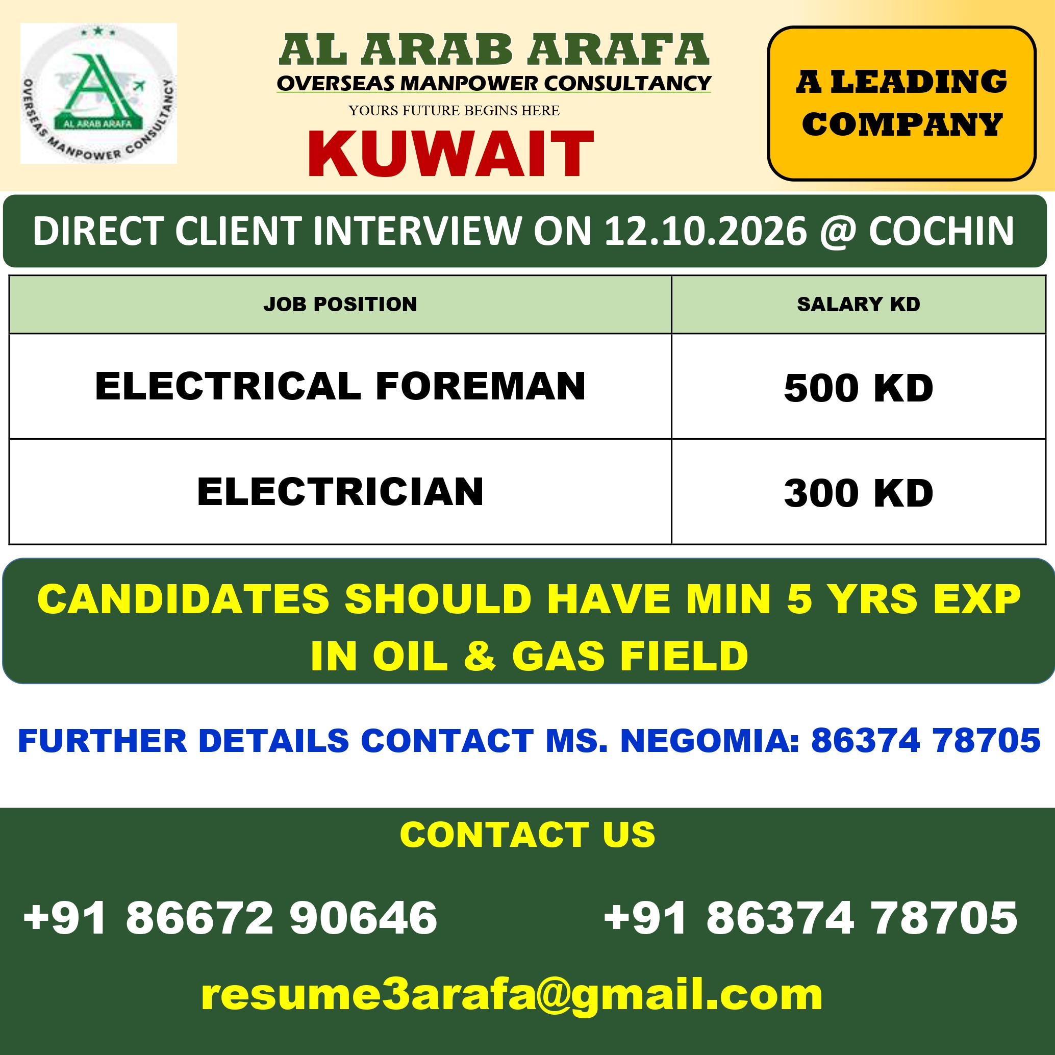 DIRECT CLIENT INTERVIEW ON 12.10.2026 @ KOCHIN