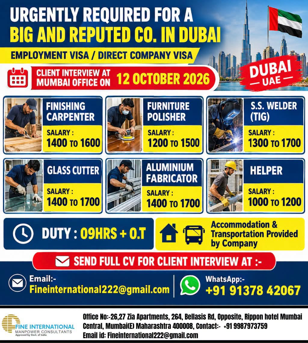 URGENTLY REQUIRED FOR A BIG AND REPUTED CO. IN DUBAI  EMPLOYMENT VISA / DIRECT COMPANY VISA