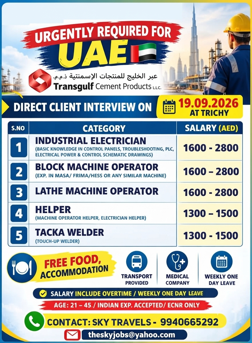 Urgently Required For Leading Company – Dubai.