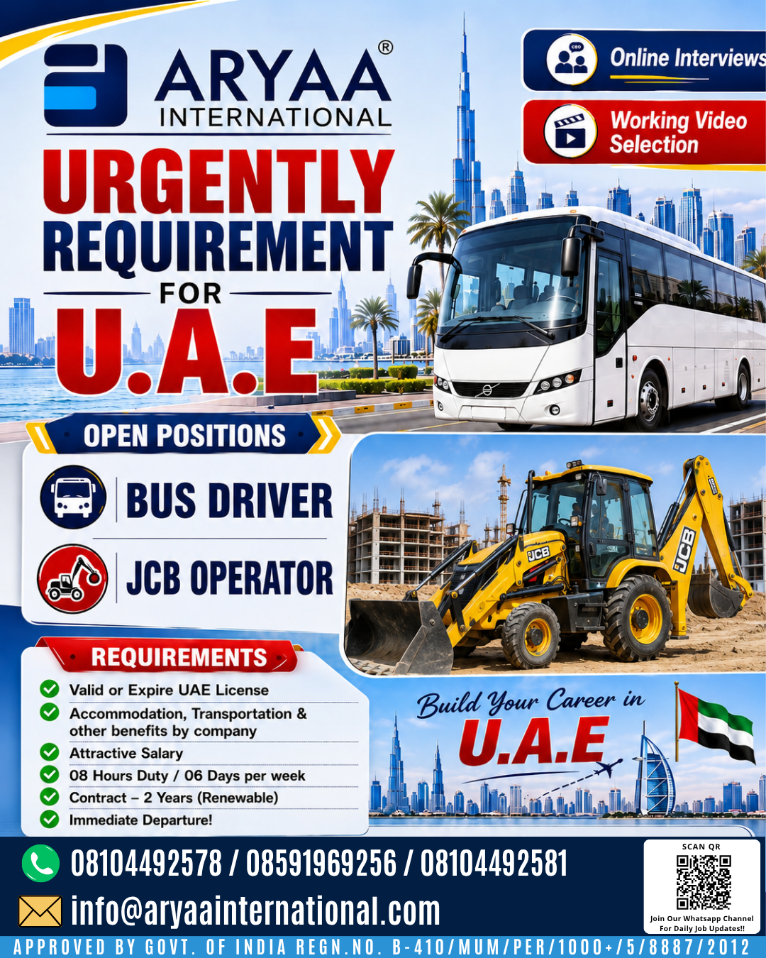 Aryaa International has open positions for overseas employment in the United Arab Emirates.