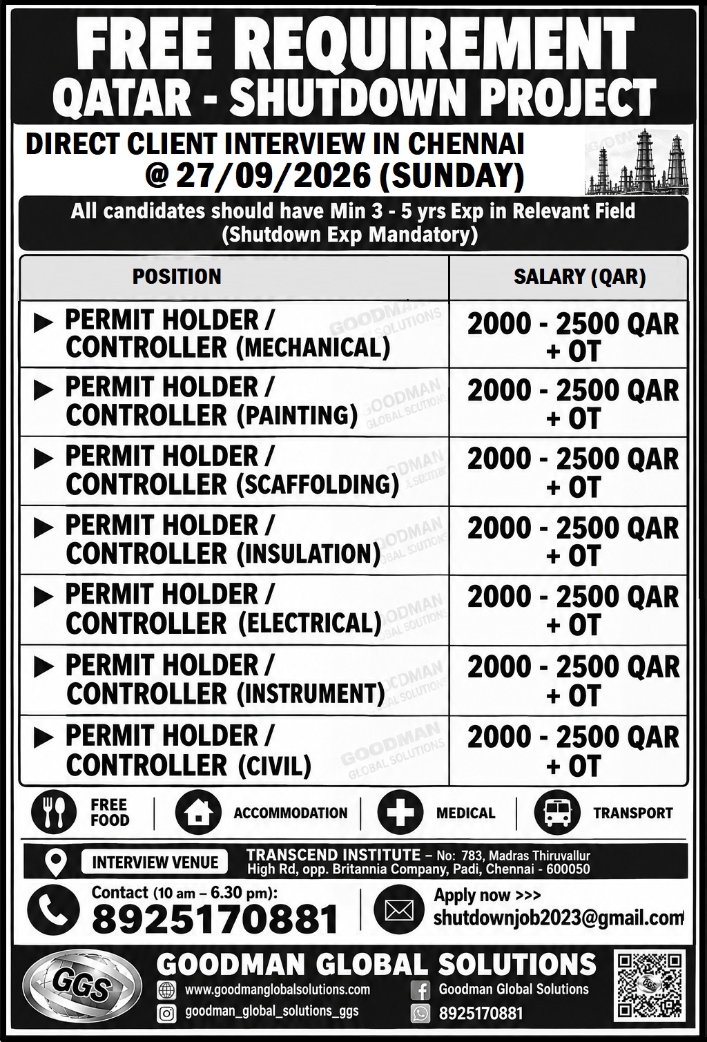 FREE REQUIREMENT – QATAR – SHUTDOWN PROJECT DIRECT CLIENT INTERVIEW IN CHENNAI @27-09-2026 (SUNDAY)