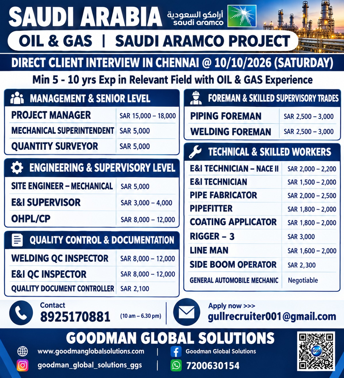 SAUDI ARAMCO PROJECT  DIRECT CLIENT INTERVIEW IN CHENNAI ON 10-10-2026