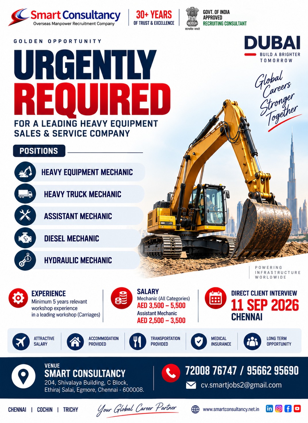 Dubai Career Opportunities | Heavy Equipment, Diesel & Hydraulic Mechanics | Chennai Interview