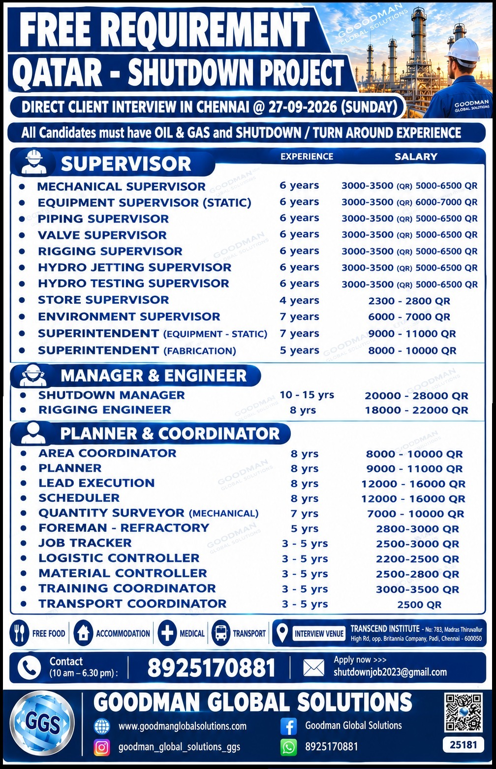 FREE REQUIREMENT – QATAR – SHUTDOWN PROJECT DIRECT CLIENT INTERVIEW IN CHENNAI @27-09-2026 (SUNDAY)