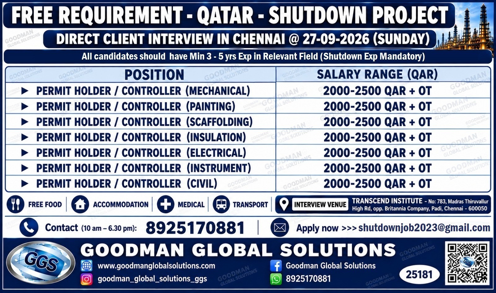 FREE REQUIREMENT – QATAR – SHUTDOWN PROJECT DIRECT CLIENT INTERVIEW IN CHENNAI @27-09-2026 (SUNDAY)