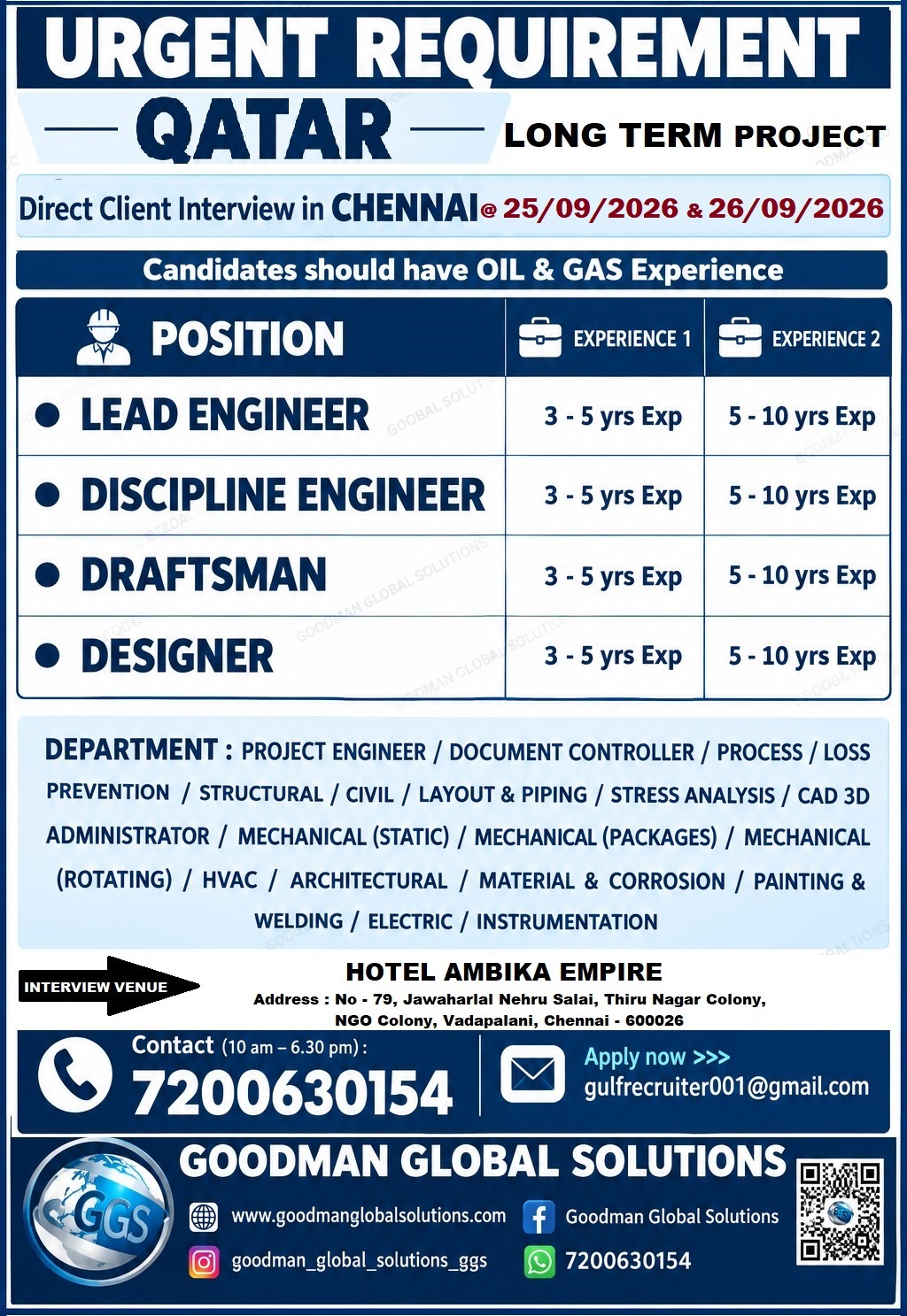 URGENT REQUIREMENT -QATAR DIRECT CLIENT INTERVIEW IN CHENNAI @ 25-09-2026 & 26-09-2026