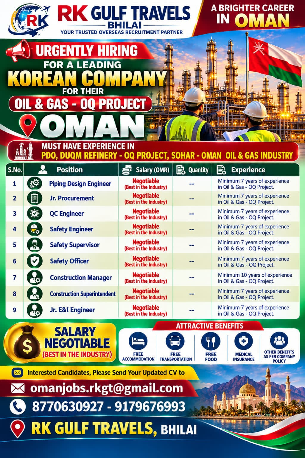 HIRING FOR A LEADING KOREAN COMPANY FOR THEIR OIL & GAS PROJECT IN OMAN.