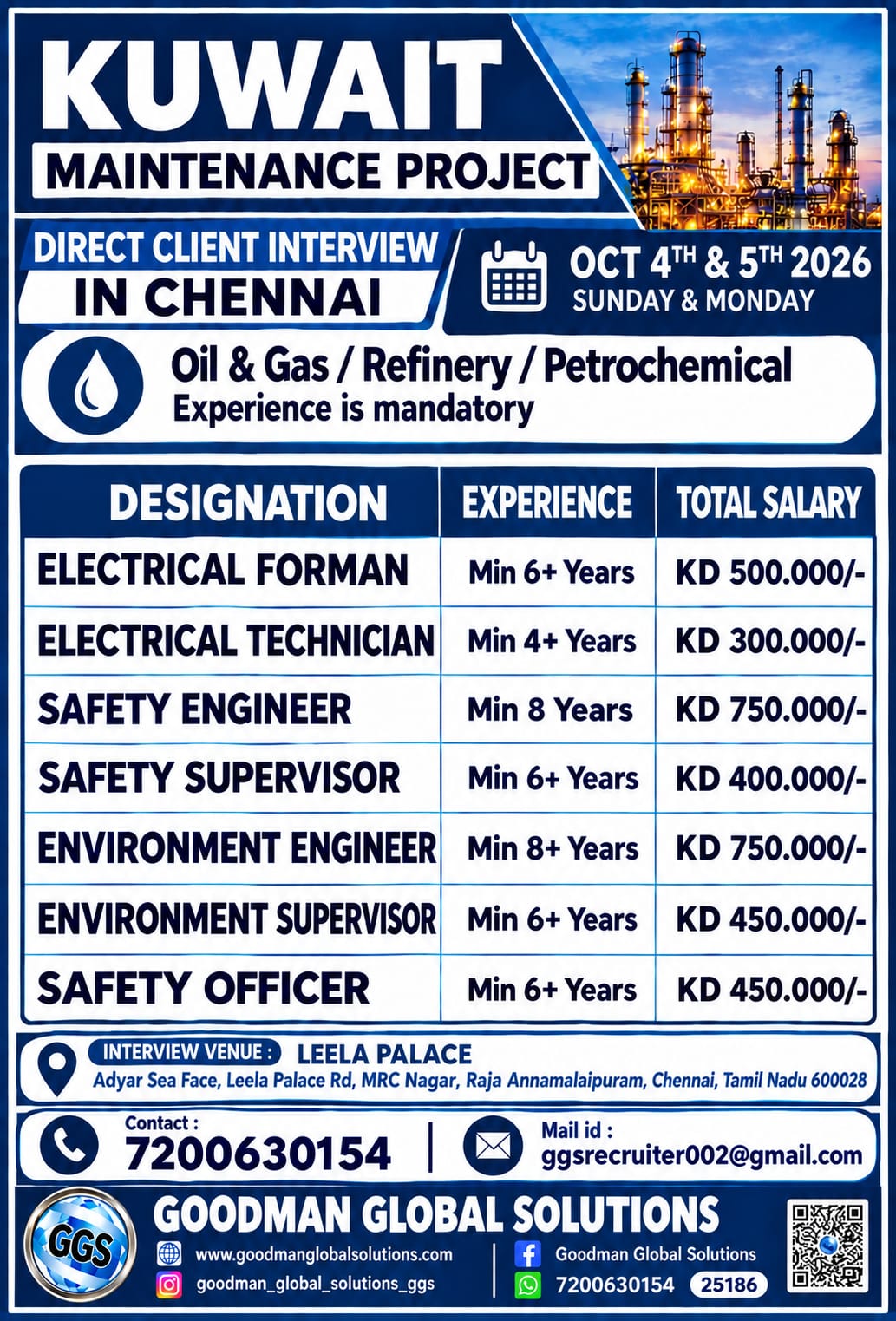 KUWAIT – MAINTENANCE PROJECT DIRECT CLIENT INTERVIEW IN CHENNAI @ 04-10-2026 & 05-10-2026
