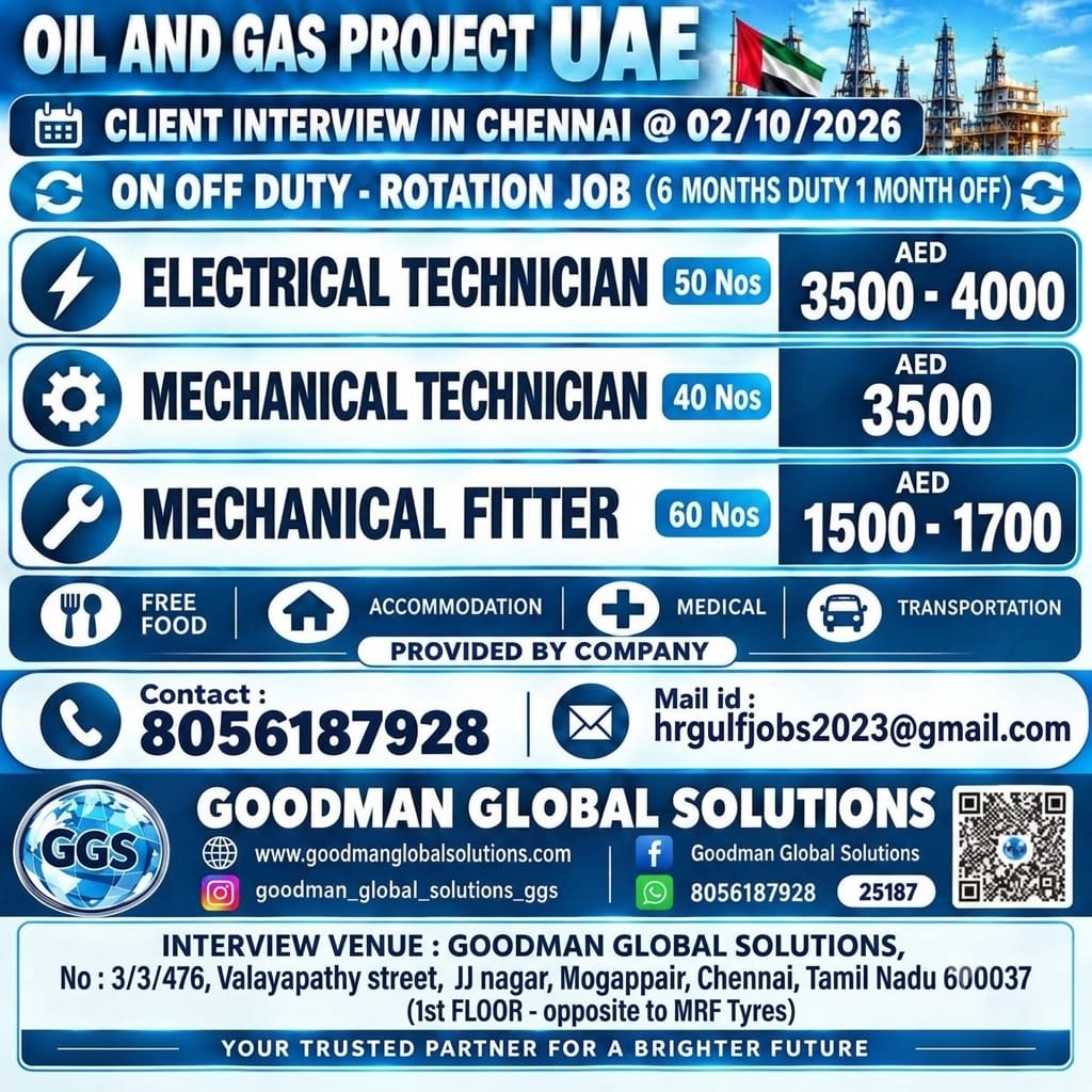 UAE – OIL & GAS PROJECT 02-10-2026 (FRIDAY) ON OFF DUTY – ROTATION JOB (6 MONTH DUTY 1 MONTH OFF)
