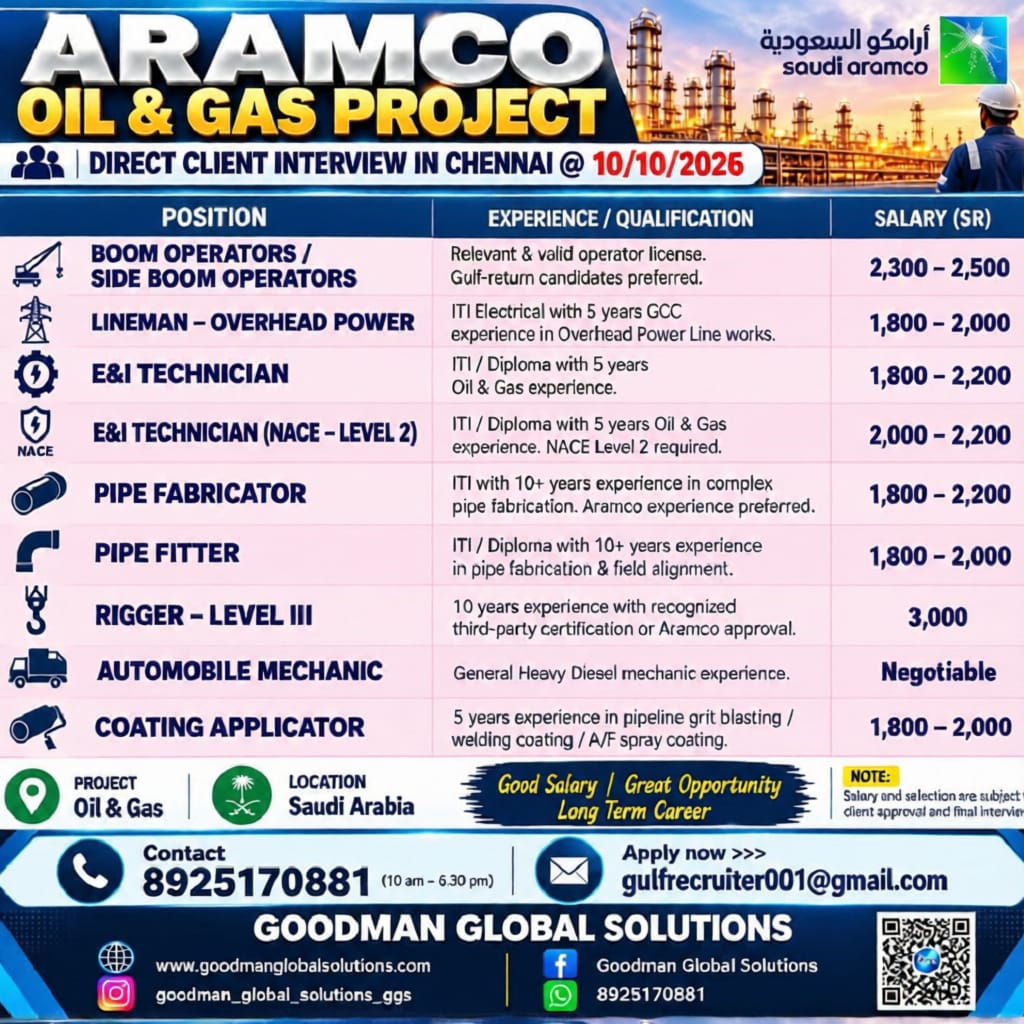 SAUDI ARAMCO PROJECT  DIRECT CLIENT INTERVIEW IN CHENNAI ON 10-10-2026
