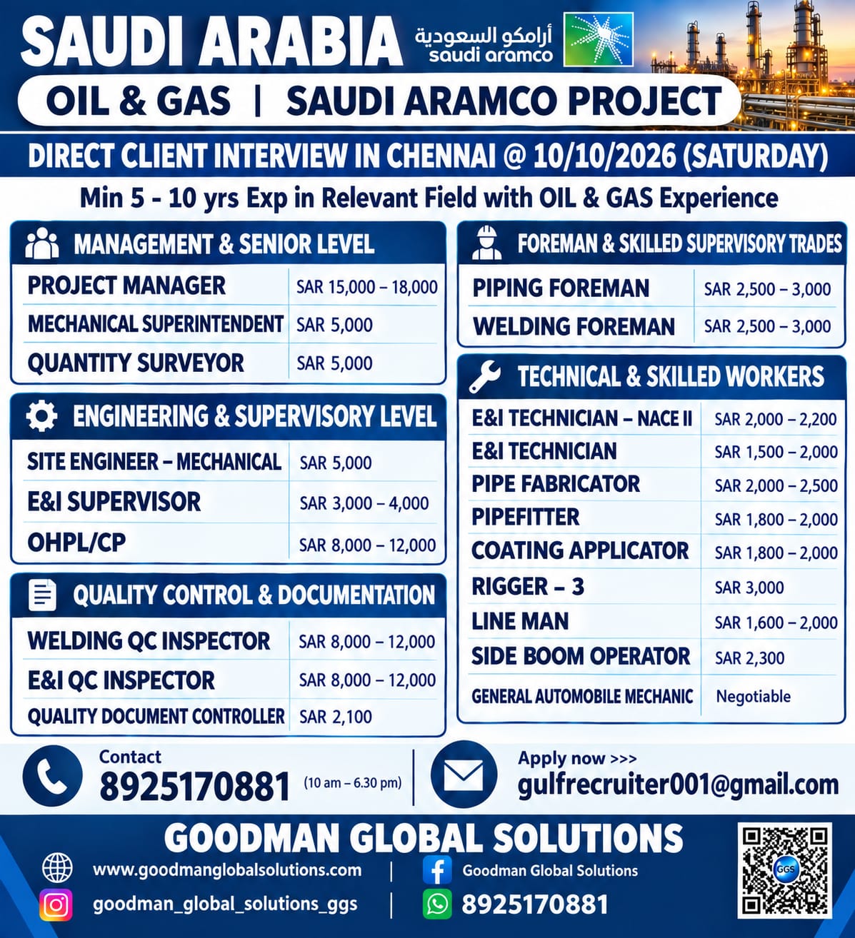 SAUDI ARAMCO PROJECT  DIRECT CLIENT INTERVIEW IN CHENNAI ON 10-10-2026