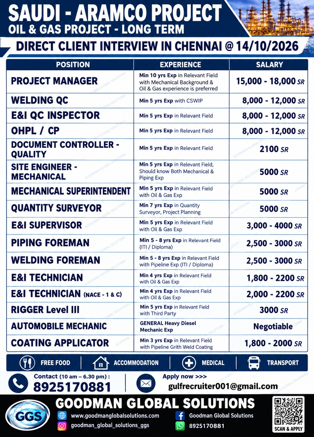 SAUDI ARAMCO PROJECT DIRECT CLIENT INTERVIEW IN CHENNAI ON 14-10-2026