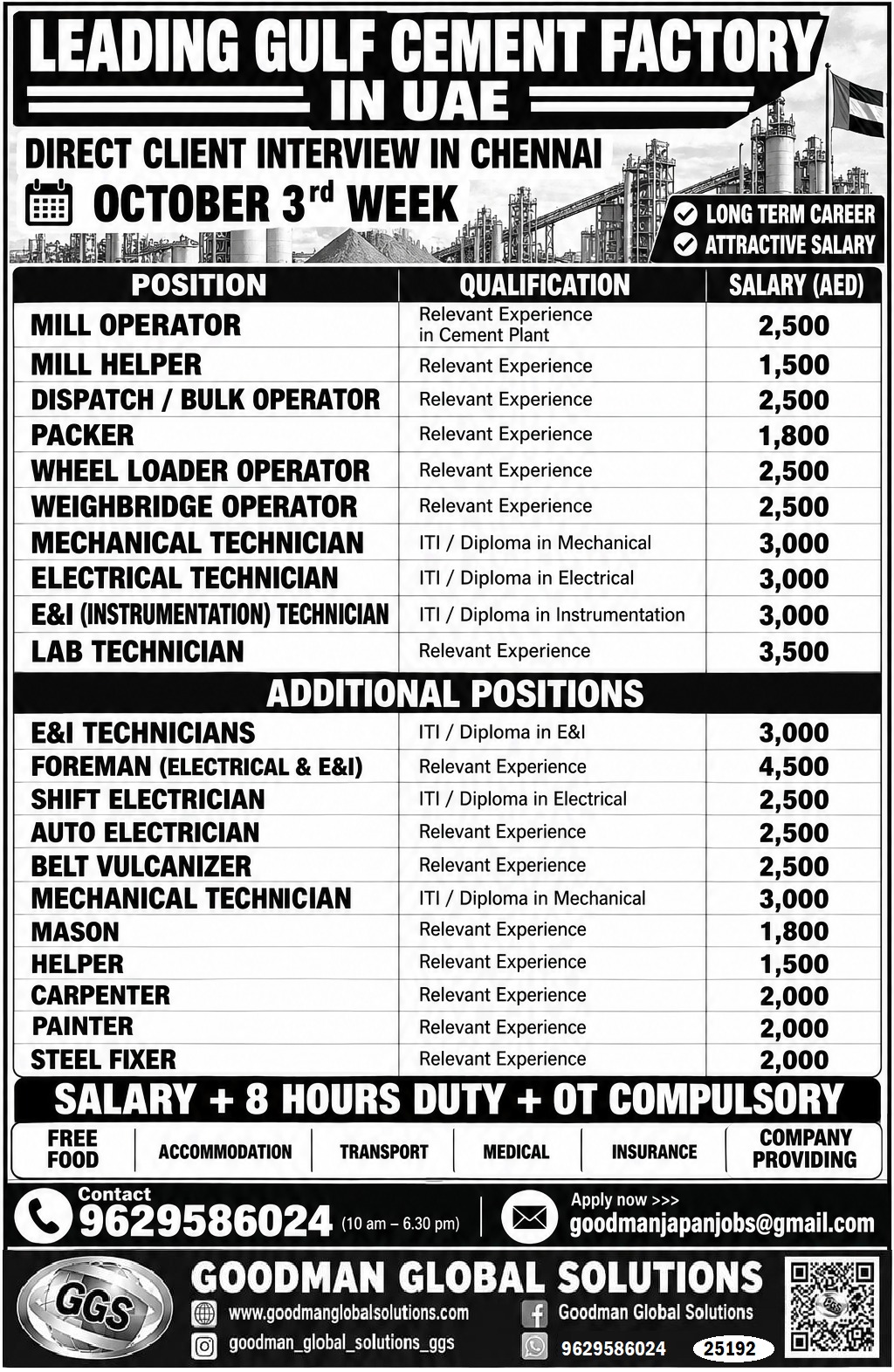 UAE  – CEMENT FACTORY DIRECT CLIENT INTERVIEW IN CHENNAI @ OCT 3rd WEEK