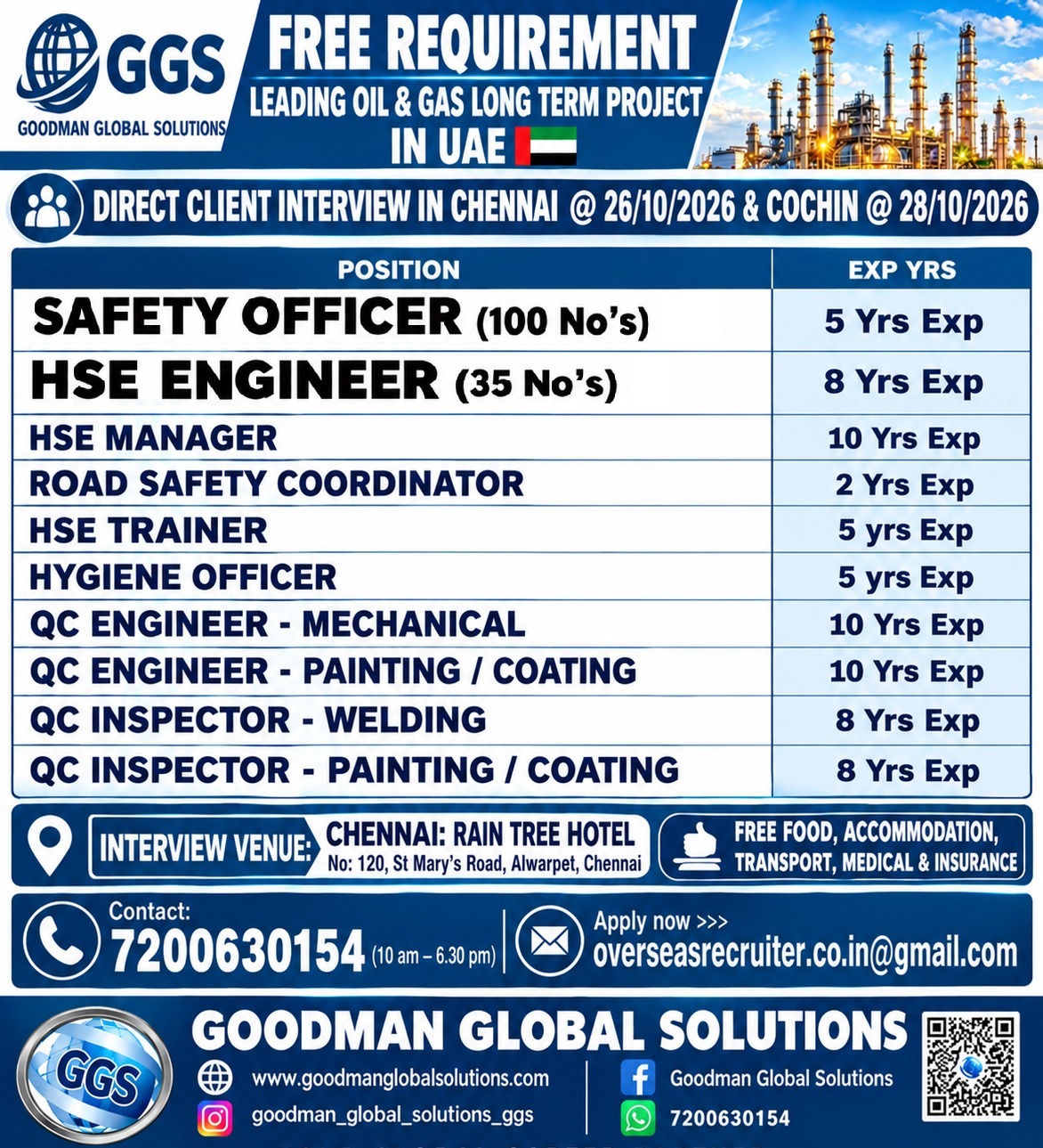 FREE REQUIREMENT – UAE   DIRECT CLIENT INTERVIEW IN CHENNAI @ OCT -26 -2026 – Cochin: 28/10/2026.