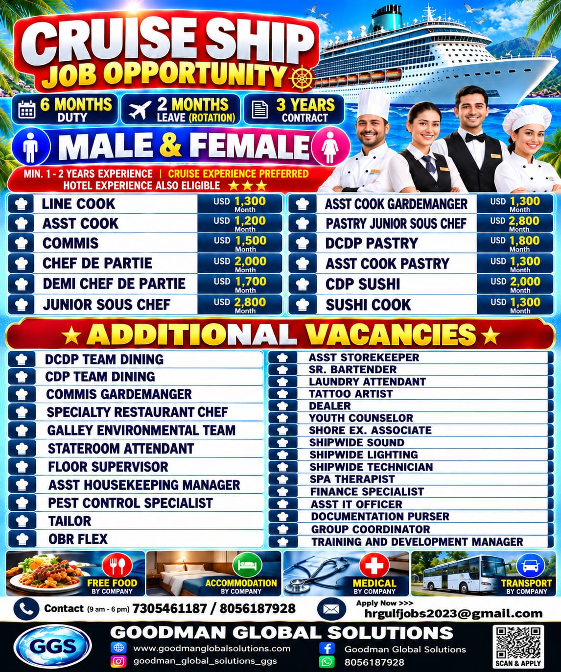 CRUSIE SHIP JOB OPPORTUNITY ROTATION JOB – 6 MONTH DUTY 2 MONTHS OFF DIRECT CLIENT INTERVIEW IN CHENNAI @ 24/10/206