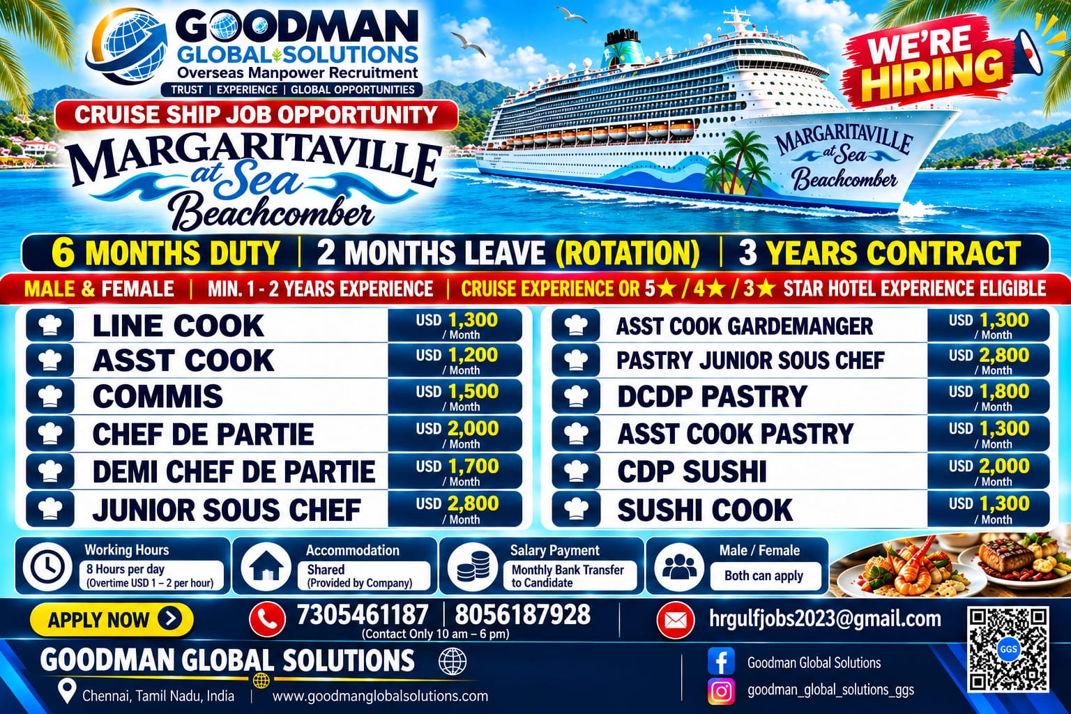 CRUSIE SHIP JOB OPPORTUNITY ROTATION JOB – 6 MONTH DUTY 2 MONTHS OFF DIRECT CLIENT INTERVIEW IN CHENNAI @ OCT 3rd WEEK