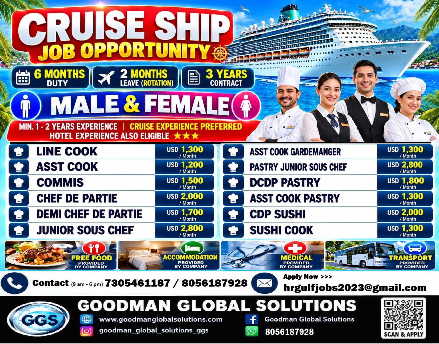 CRUSIE SHIP JOB OPPORTUNITY ROTATION JOB – 6 MONTH DUTY 2 MONTHS OFF DIRECT CLIENT INTERVIEW IN CHENNAI @ OCT 3rd WEEK