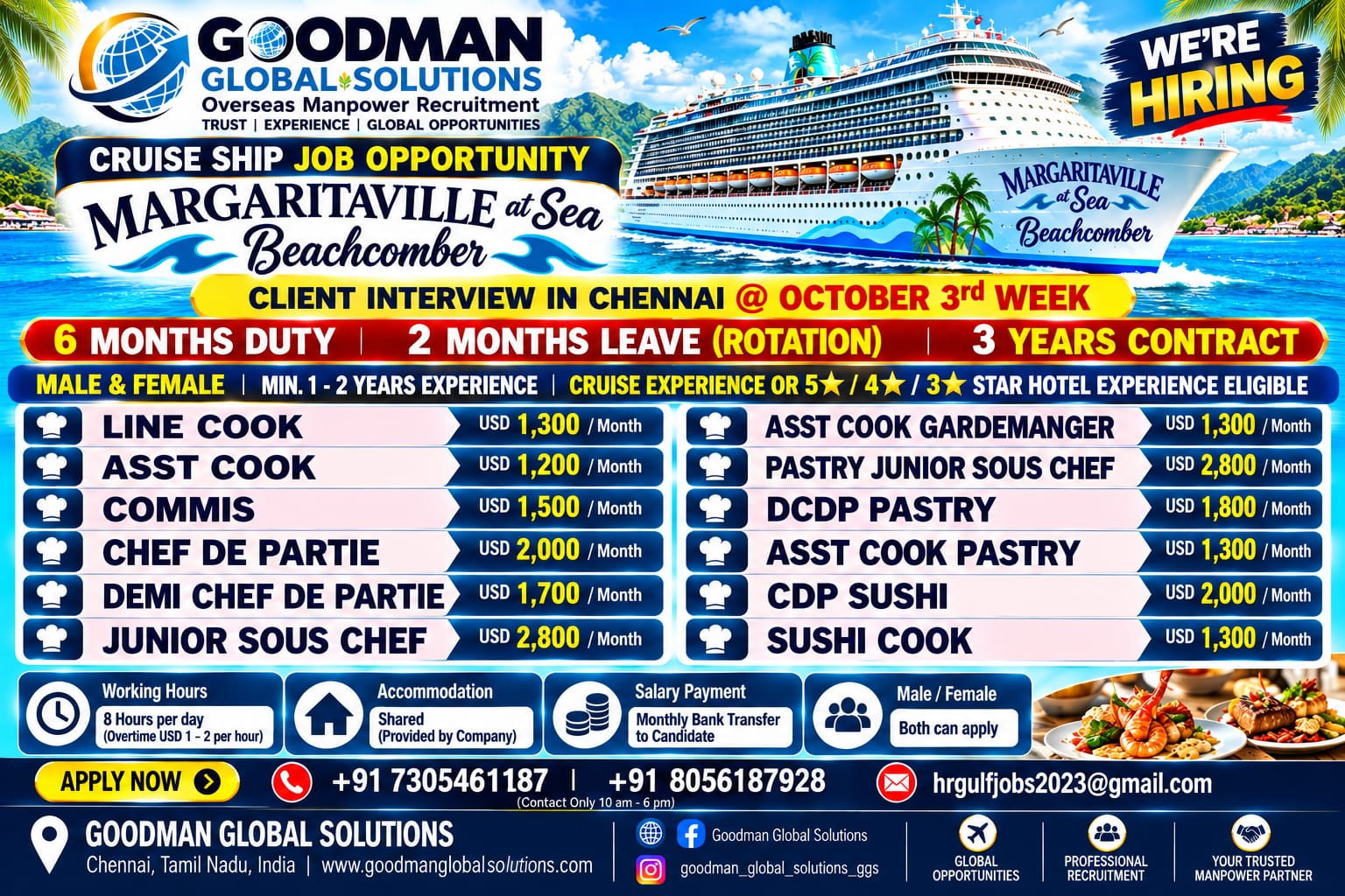 CRUSIE SHIP JOB OPPORTUNITY ROTATION JOB – 6 MONTH DUTY 2 MONTHS OFF DIRECT CLIENT INTERVIEW IN CHENNAI @ OCT 3rd WEEK