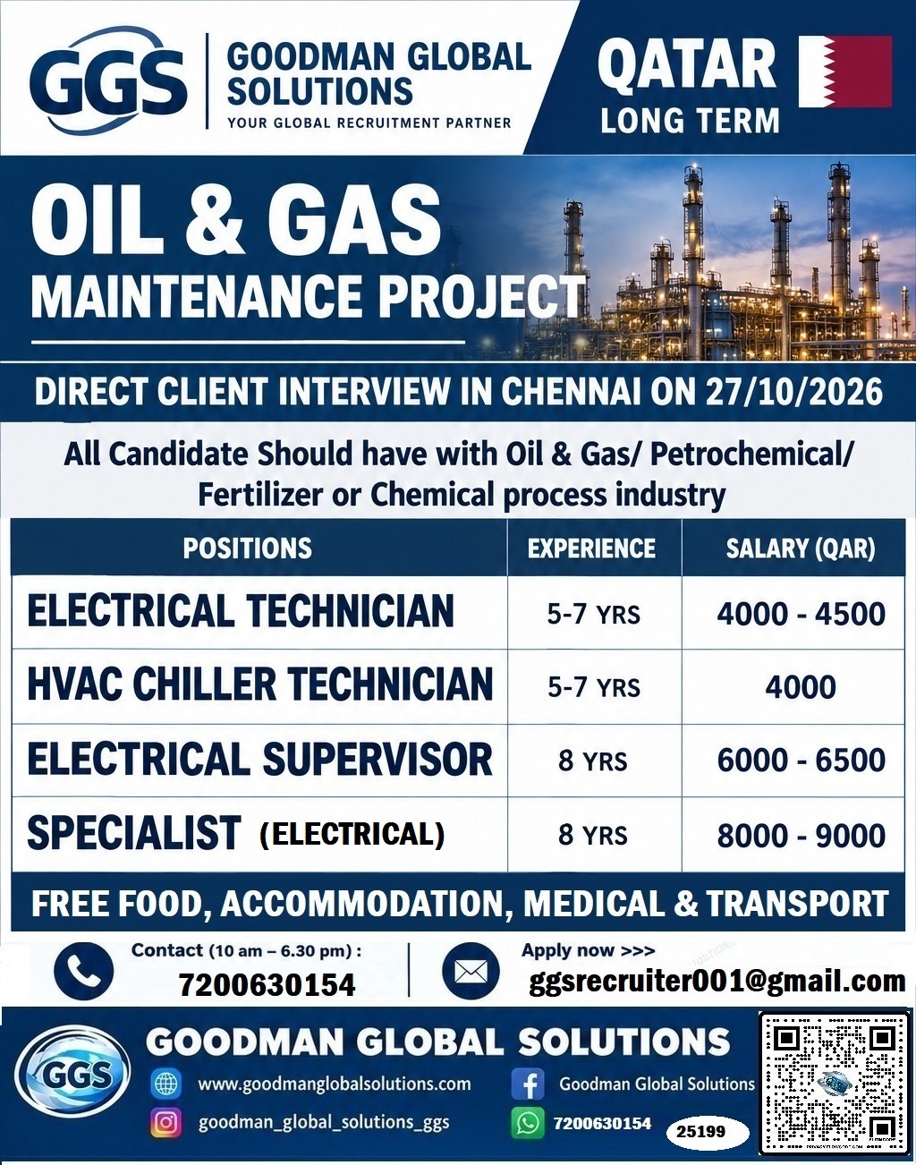 QATAR  – LONG TERM (OIL & GAS MAINTENANCE – PROJECT)  DIRECT CLIENT INTERVIEW IN CHENNAI @ 27/10/2026