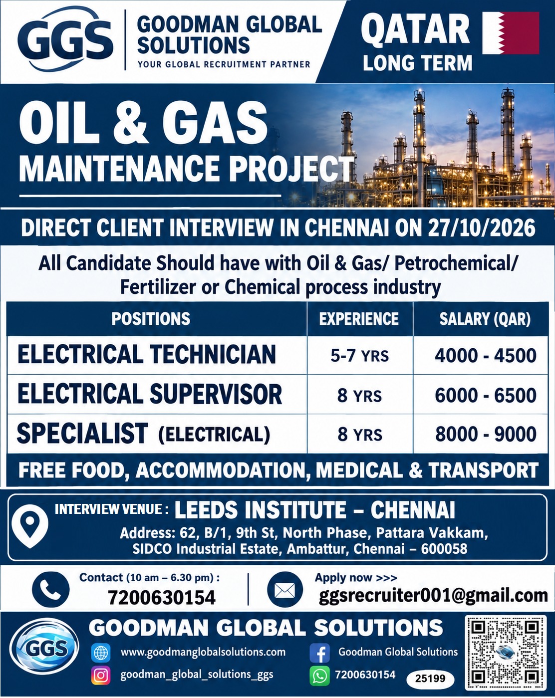 QATAR  – LONG TERM (OIL & GAS MAINTENANCE – PROJECT) DIRECT CLIENT INTERVIEW IN CHENNAI @ 27/10/2026
