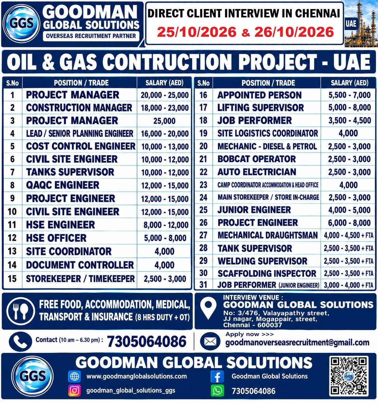 UAE  – OIL & GAS CONSTRUCTION PROJECT (LONG TERM)  DIRECT CLIENT INTERVIEW IN CHENNAI @ 25/10/2026 & 26/10/2026