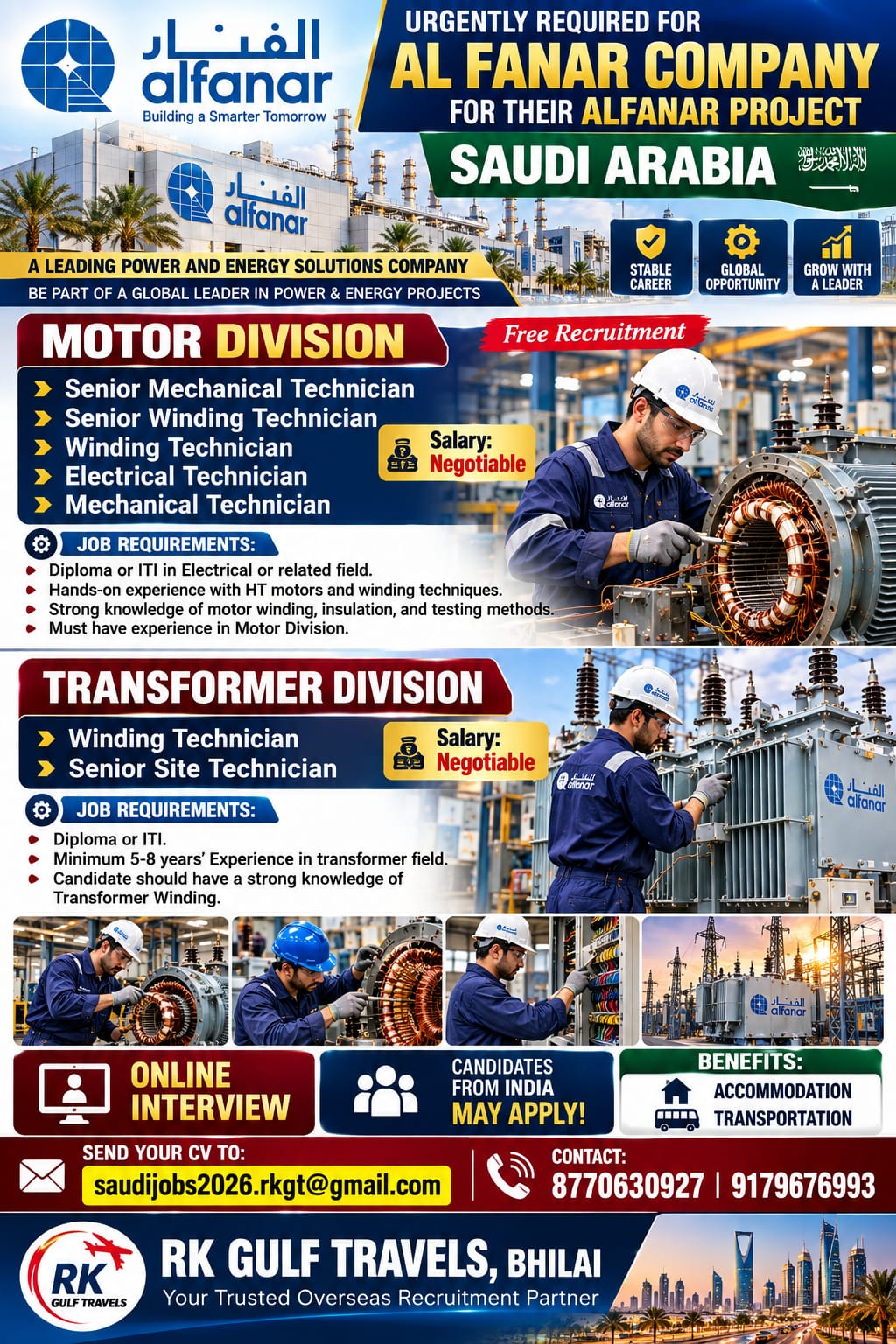 HIRING FOR AL FANAR COMPANY (MOTORS & TRANSFORMER DIVISION) – SAUDI ARABIA