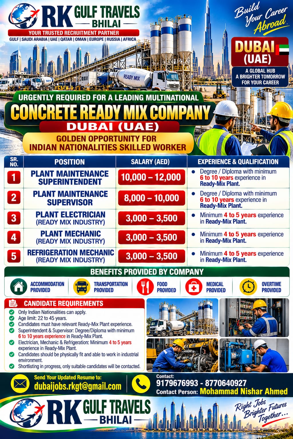 HIRING FOR A MULTINATIONAL READY MIX COMPANY – DUBAI (UAE).