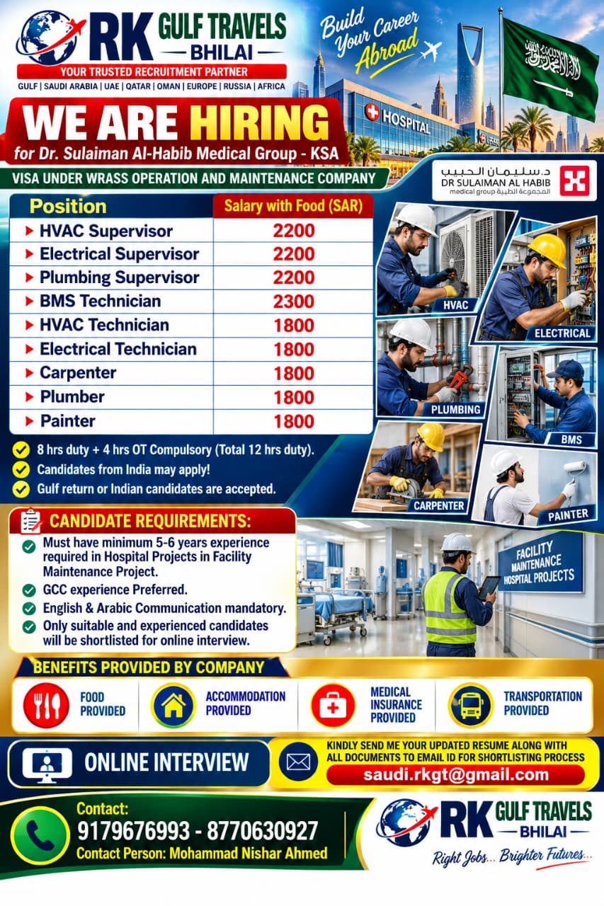 HIRING FOR A LEADING HOSPITAL MAINTENANCE PROJECT – SAUDI ARABIA.