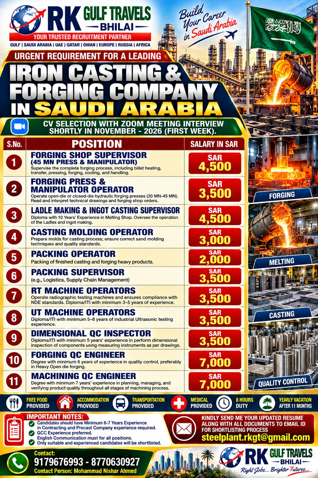 HIRING FOR A LEADING CASTING & FORGING COMPANY – SAUDI ARABIA.