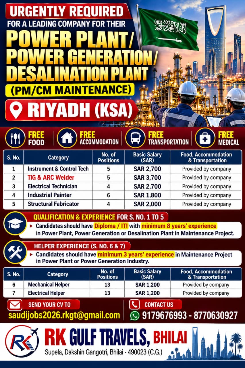 HIRING FOR A LEADING COMPANY FOR THEIR POWER PLANT/POWER GENERATION MAINTENANCE  – SAUDI ARABIA.